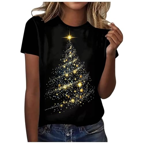 Christmas T-Shirts for Women - UK Ladies Snowflake Print Short Sleeves Casual Tunic Tops Loose Crewneck Xmas Tree Snowflake Print Cute Blouse Graphic Tees Black