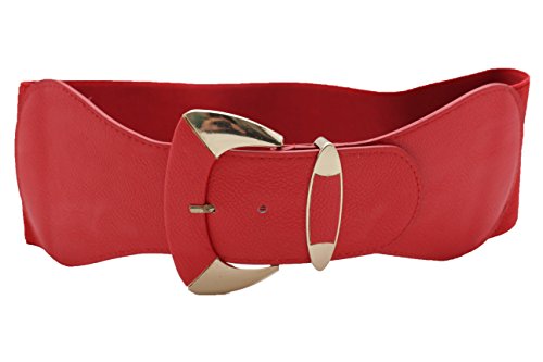 TFJ Women Fashion Wide Belt Elastic Hip High Waist Gold Metal Buckle Fits S M Red