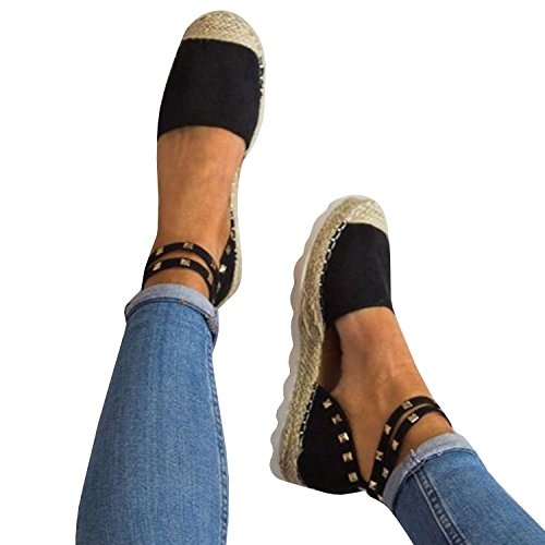 PiePieBuy Women's Bandage Sandal Flats Flip-Flop Ankle Wrap Espadrille Ballet Shoes (8.5 B(M) US - EU Size 39, Black-2)