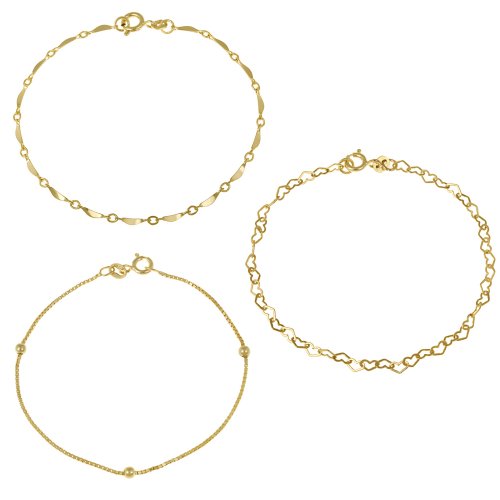 Goldtone Finish Silver Set of Three: Heart-Link, Twisted-Bar-Link and Thin Box with Bead Station Chain Bracelets, 7"
