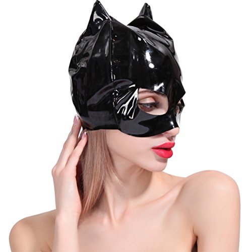 Women PU Leather Hood Mask Open Eyes Female Seduce Erotic Adult Flirting Game Play (Black)