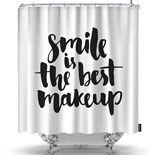 oFloral Inspirational Quote Shower Curtain Smile Best Makeup Lettering Decorative Fabric Shower Curtains Liner with Hooks Home Decor for Bathroom Shower Bathtub 36X72 Inch