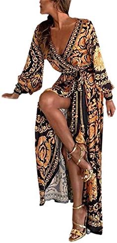 Howley Dress Women Long Sleeve Ball Gown Deep V Neck Skirt Printed Maxi Cocktail Prom Dress
