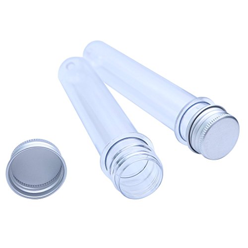 R.FLOWER 10 Clear Plastic Test Tubes with Screw Caps, Candy bottle, Cosmetics Bottles, Bath Salt Containers, 25x140mm(40ml) with 1 50ml Plastic Beaker and 1 pieces of test-tube brush for Gifts