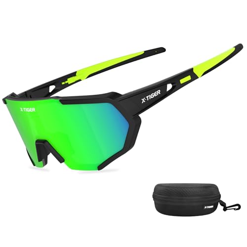 X-TIGER Fahrradbrille, Herren Damen Sportbrille, UV400 mit 5 Wechselgläser,Starker TR90 Frame, mit Montierbarem Brillenband & Ohrhaken, Outdoor-Sport/