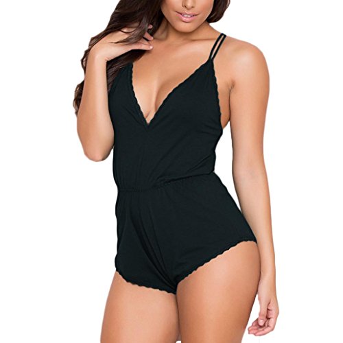 Cywulin Women's Sexy Lingerie One Piece Short Romper V Neck Teddy Babydoll Jumpsuit Pajamas Bodysuits Sleepwear Nightwear (Black, Large)
