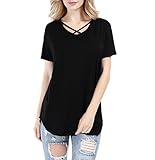 PAAZA Women Solid Criss Cross Front V-Neck Casual Short Sleeve Plain Basic Girls Sexy T-Shirt Tops