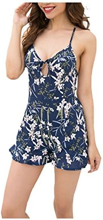 SEZTEK Women's V-Neck Halter Floral Printed Rompers Criss Cross Backless Ruffle Jumpsuits