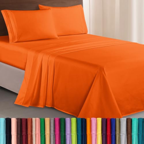 Elegant Comfort Luxurioeses 1500 Premium-Bettwaesche-Set aus Mikrofaser in Hotelqualitaet, dreireihig, Bestickt, weichstes 4-teiliges Bettlaken-Set, Knitter- und lichtbestaendig, Twin/Twin XL, Orange