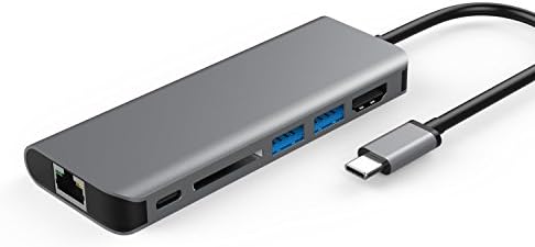 USB C Hub, 6-in-1 Aluminum Type C Multi-Port Adapter with RJ45 Ethernet Port, Power Delivery, 4K HDMI, 2X USB 3.0 Ports, SD Card Reader Compatible for MacBook Pro 2016/2017, and More USB C Devices