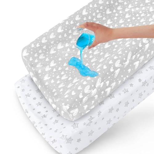 Waterproof Changing Pad Cover 2 Pack, 100% Cotton Change Table Cover Sheets, Ultra Soft, Unisex White Grey Star Print