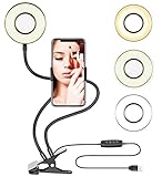 Selfie Ring Light with Cell Phone Holder Stand for Live Stream / Makeup, Bcway Clip Lazy Bracket for iPhone / Android, [3-Light Mode] [10-Level Brightness] LED Desk Lamp for Kitchen, Bedroom