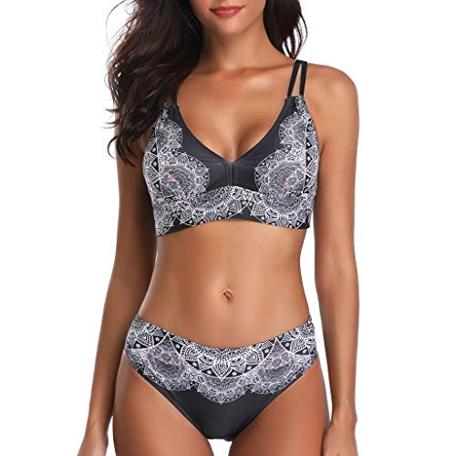 Lotus.Flower Women Two Pieces Women Siamese Style Bikini Set Push-Up Print Swimwear Beachwear Swimsuit (M, Black)