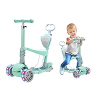 5 in 1 Kids Kick Scooter, 3 Wheels Walker with Removable Seat and Back Rest, 4 Adjustable Height, Light Up Wheels for Toddlers 1-8 Years Old Support 50 kg