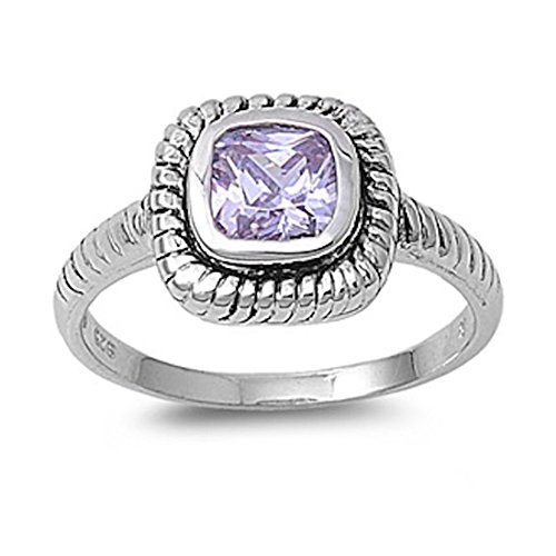 Blue Apple Co. Bezel Solitaire Twisted Cable Oxidized Design Fashion Ring Princess Cut Cubic Zirconia 925 Sterling Silver Choose Color