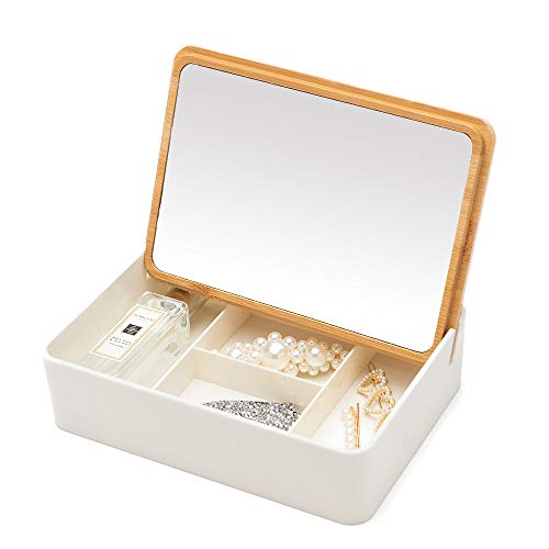 YEAKE Desk Small Mirror with Table Top Storage, Makeup Organizer Box with Bamboo Mirror Lid for Travel & Desk Office Decorative As Gifts(Rectangle)
