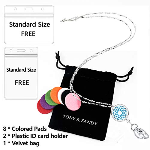TONY & SANDY Lanyard Necklace Diffuser Aromatherapy Stainless Steel Beaded Chain Necklace Silver for ID Badge Holder and Keys Non Breakaway Essential Oil Pendant Locket for Women Nurse Sunflower