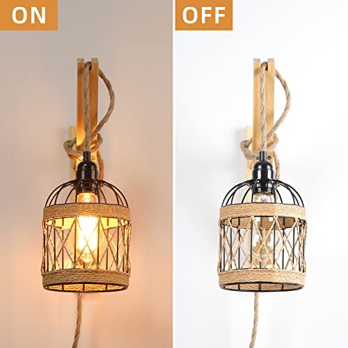 HOTRAN Rustic Wall Sconces Set of Two Plug in, Wall Lamps for Bedrooms Set of 2, Farmhouse Wall Mounted Lights for Bedside, Living Room,Sconces Wall Lighting Fixtures with 8.2Ft On/Off Switch Cord