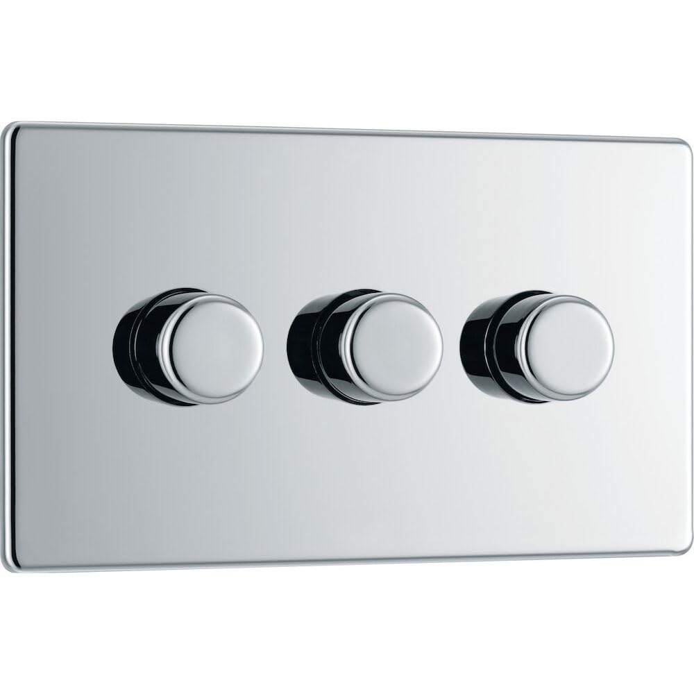 BG Electrical Intelligent Triple Wall Dimmer Switch, 2 Way, Screwless Front Plate, Premium Flatplate, Polished Chrome, 200W, FPC83