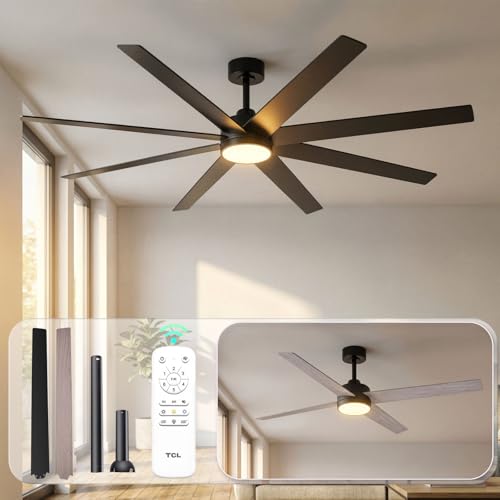 TCL 72 Inch Large Ceiling Fans with Lights and Remote, Quiet Modern Ceiling Fan, 3 CCT Dimmable Remember LED Reversible 8 Dual Side Blades for Living Room Patio Garage Indoor/Outdoor (black, 72)