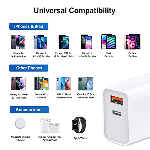 3 Pack 20W USB C Fast Charger, Dual Port PD Power Delivery + Quick