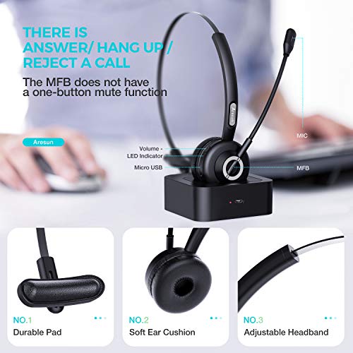 Trucker Bluetooth Headset for Cell Phones and Zoom, Aresun 24 Hrs Talk