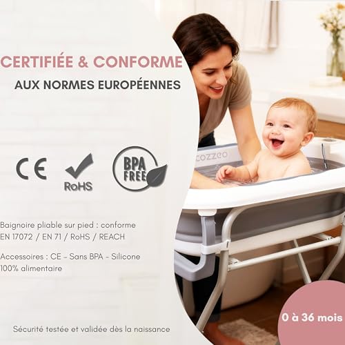 cozzeo Foldable Baby Bathtub with Baby Care Kit - Bath Toys and Rinse Cup - Foldable Bath Tub with Stable Stand - 9-in-1 Complete Bath Kit