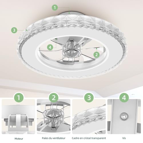 Ateroll Crystal Ceiling Fan with Light Ø43.5 cm, 3000K-4000K-6500K+RGB, 6 Adjustable Ventilation Speeds with Remote Control, Timer, Memory Light, Reversible Fan