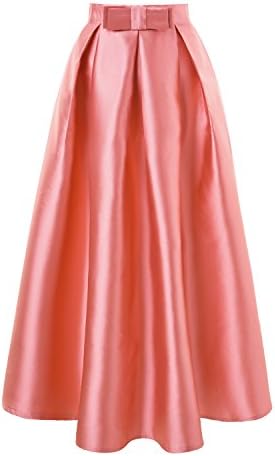 ISYITLTY Women's Winter Solid Pleated Party OL Full Long A-line Skater Skirts PinkS