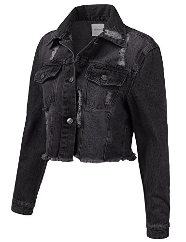 DRESSIS Womens Vintage Button Down Destroyed Cropped Denim Jacket Black M