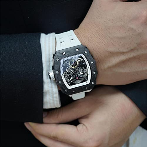 TSAR BOMBA Watch for Men, 50M Waterproof Automatic Mens Watch, Skeleton Mechanical Tonneau Big Face Dial Black Watch with Silicone Watch Bands, Gifts for Men