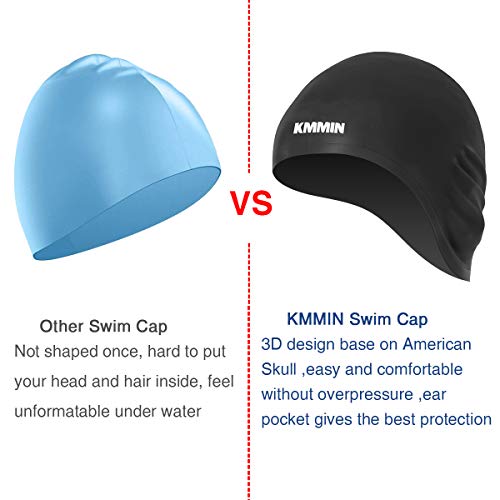 KMMIN Swim Cap, 3D Ergonomic Design Swimming Cap for Women Men Long Hair Short Hair Silicone Adult Swim Cap with Great Elasticity Ear Protection(Black)