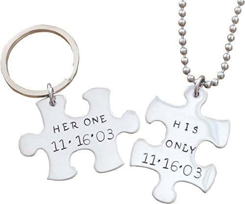 Her One/ His Only Necklace and Key chain set - Puzzle Piece Stainless Steel - Hand stamped