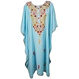 Mogul Interior Women Blue Short Caftan Dress Embellished Kimono Kaftan One Size