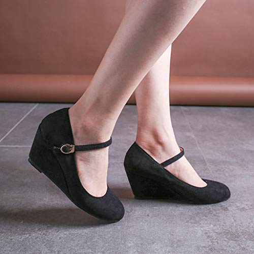 Fashion Respctful✿ Women's Mary Jane Closed Round Toe Buckled Strap Ankle Strappy Wedge Pump Black
