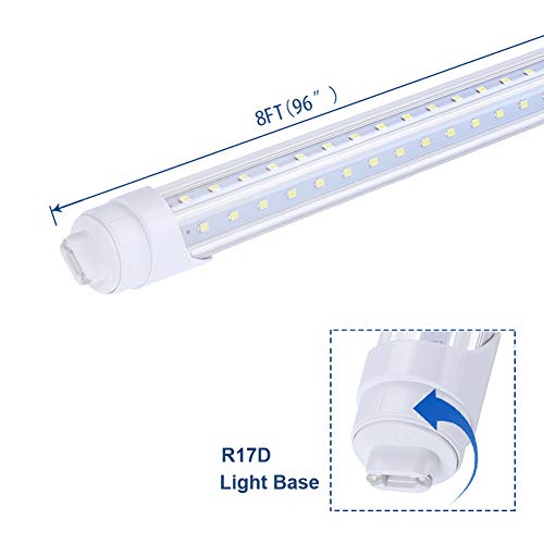 R17d Rotatable HO Base V Shaped 65W 8 Foot Led Lulbs Double Row, 7800LM,150W Fluorescent Lamp Replacement Shop Lights, Dual-Ended Power, Cold White 6000K,Clear Cover, AC 85-277V Pack of 12