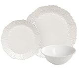 Dinnerware Set Service for 2, Scalloped Embossed Bone China, 6 Piece White Porcelain, Kitchen Gift