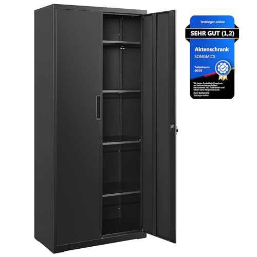 SONGMICS Aktenschrank, Mehrzweckschrank, Stahl-Aufbewahrungsschrank, 5 Ebenen, Doppeltüren, Schloss, Werkzeugschrank, verstellbare Ablagen, Garage, Bü