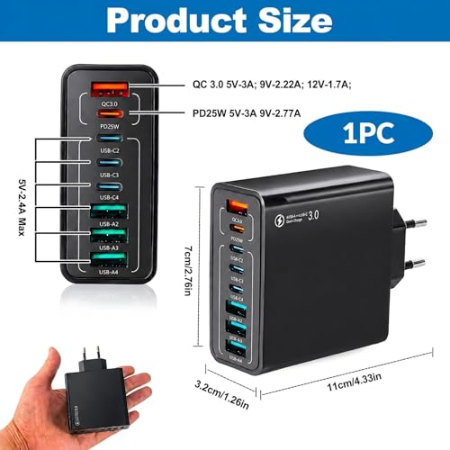 Cargador USB C Carga Rápida 120W, 8 Puertos Multipuerto con Enchufe, 3USB-C + 3USB-A, Cargador Rápido Inteligente QC 3.0, Compatible con iPhone, Samsung, Xiaomi, Otros Dispositivos USB
