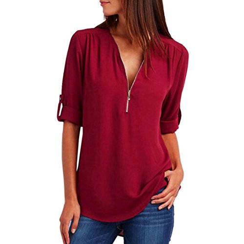 Women Blouse FarJing Fashion Women Casual Tops T-Shirt Loose Top Long Sleeve Blouse (M, Red)