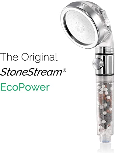 Shower Head High Pressure by StoneStream® Original Filter Shower Head for Hard Water with 3 Spray Settings — with EcoStop Button (ON/Off) for Non-Electric Showers Only