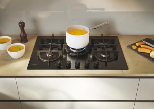 Moderna Gas On Glass Plaque de cuisson à gaz 5 feux, verre trempé, brûleur à double couronne, grilles lavables au lave-vaisselle, axLxP 0,8 x 74,5 x 51 cm, noir - CVG74WTB