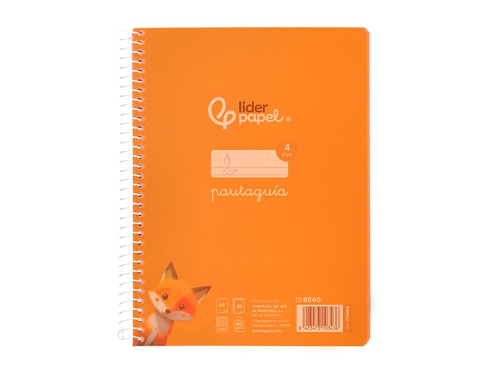Liderpapel Spiral Notebook DIN A5 Plastic Cover 80 Sheets 90 g Ruled Square 4 mm with Orange Margin - Unit -