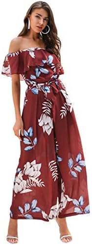 Miessial Women's Floral Print Elegant Off Shoulder Jumpsuit Rompers Wide Leg Jumpsuit with Belt