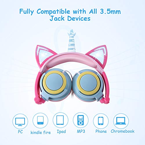 Ifecco Cuffie per Bambini, Cuffie Pieghevoli per Bambini con Luci LED Regolabile del Gatto Simili Orecchie, Cuffie Over-Ear Cablata, Halloween & Regalo di Natale per Bambini (Multicolore Unicorno)
