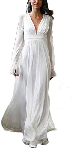 Falydal Women's Chiffon Prom Dress Full Sleeve Evening Dress Deep V-Neck Backless Party Gowns