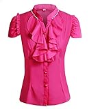Zerdocean Women Elegant Stand Collar Lotus Leaf Ruffle OL Short Sleeve Blouse