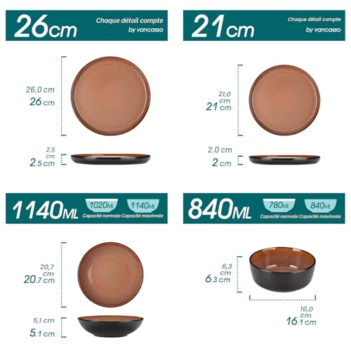 vancasso AMBER 6 Person Dinnerware Set, 24 Piece Stoneware Dinner Plates Set - Flat Plates, Dessert Plates, Pasta Bowls and Bowls - Microwave Safe - Red Glaze
