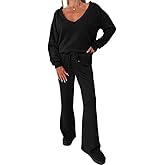 Ninimour Women 2 Pieces Outfit Deep V Neck Pullover Sweatshirt with Casual Drawstring Wide Leg Pants Lounge Set Fall Clothes