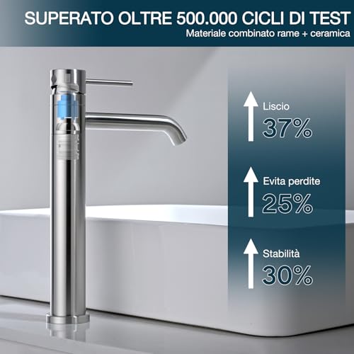 DETBOM 360° Swivel High Basin Tap, Single Lever Hot and Cold Water, Bathroom Mixer Tap in 304 Stainless Steel, Removable Aerator, Brushed Silver